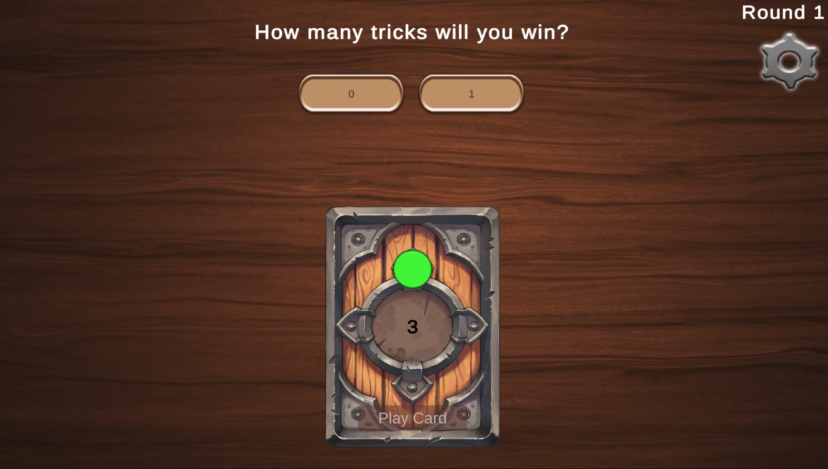 an in game screenshot showing a playing card and
											the question 'how many tricks will you win?'