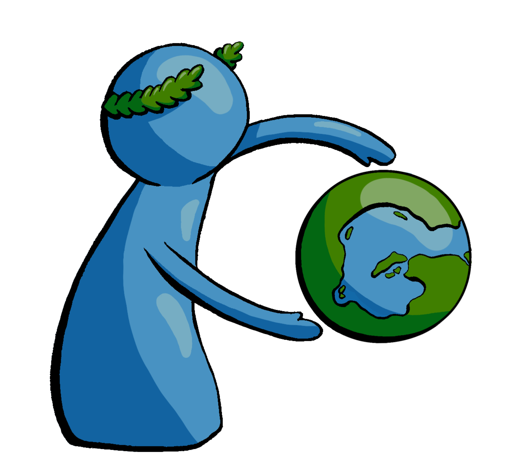 A simplified blue person, wearing a laurel wreath,
											and holding their arms out to form the letter C. Between their hands is a globe,
											the landmasses of which form the letter G